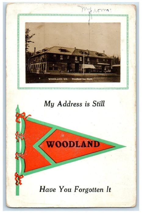 1913 Woodland Inn Block Woodland Maine ME Pennant RPPC Photo Vintage Postcard