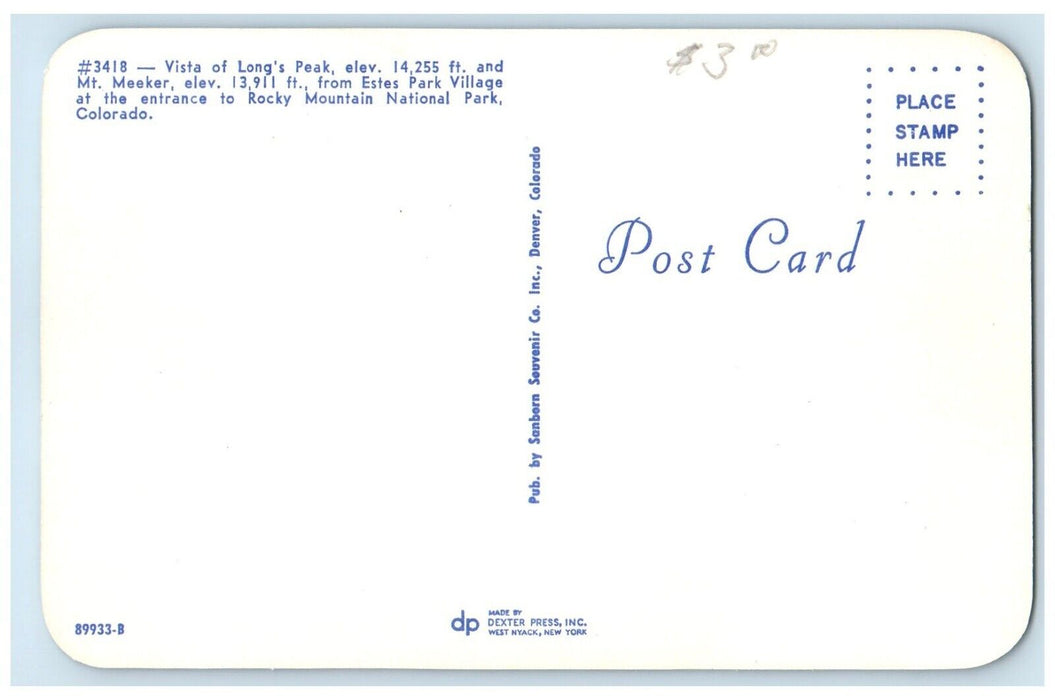 c1960 Vista Long Peak Mt Meaker Estes Park Village Colorado Unposted Postcard