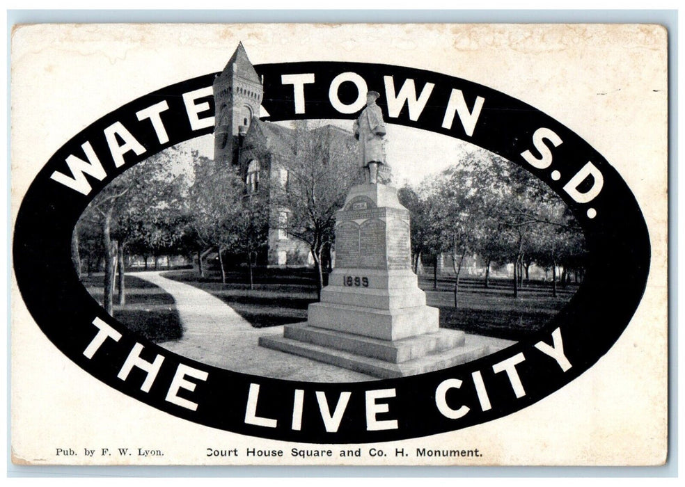 c1910 Live City Court House Square Monument Watertown South Dakota SD Postcard