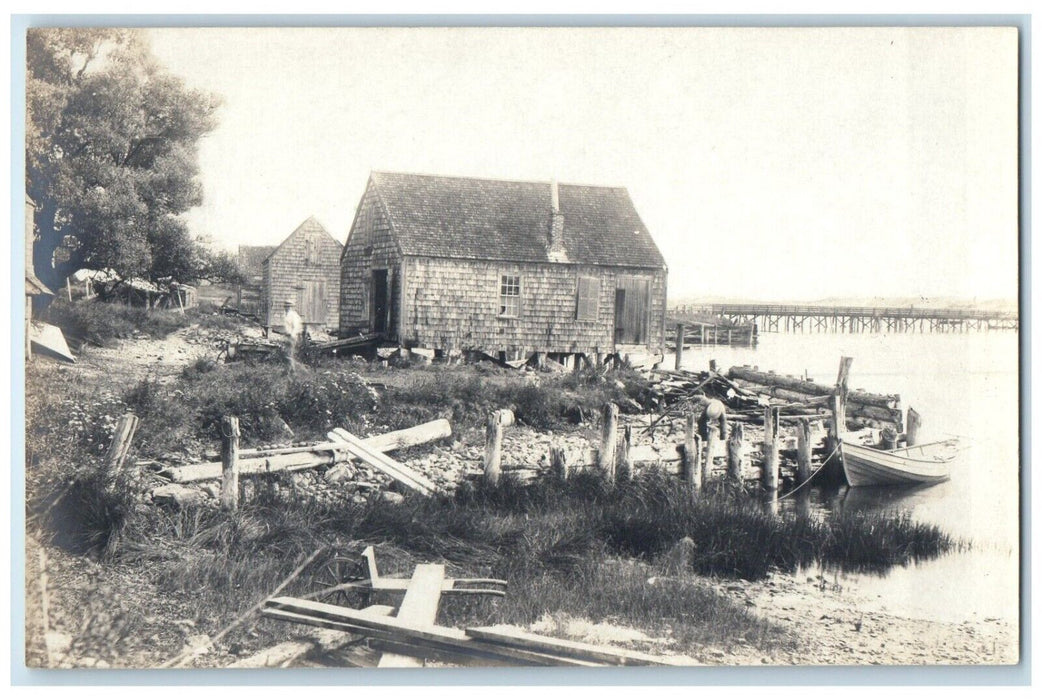 c1910's View Of Seaside Cottages Boat Maine ME RPPC Photo Antique Postcard