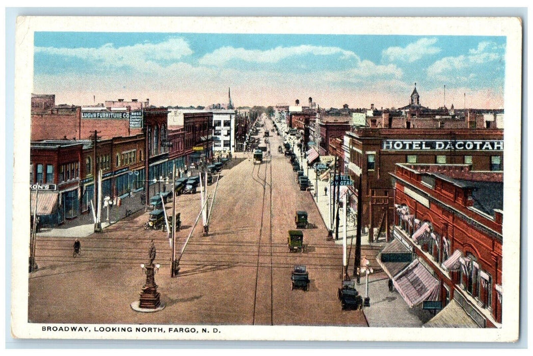 c1920 Broadway Looking North Exterior Building Road Fargo North Dakota Postcard