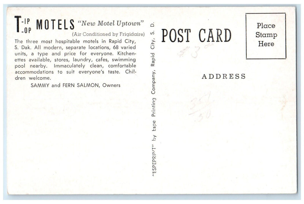 c1940 Tip Top Motels New Motel Uptown Rapid City South Dakota Vintage Postcard