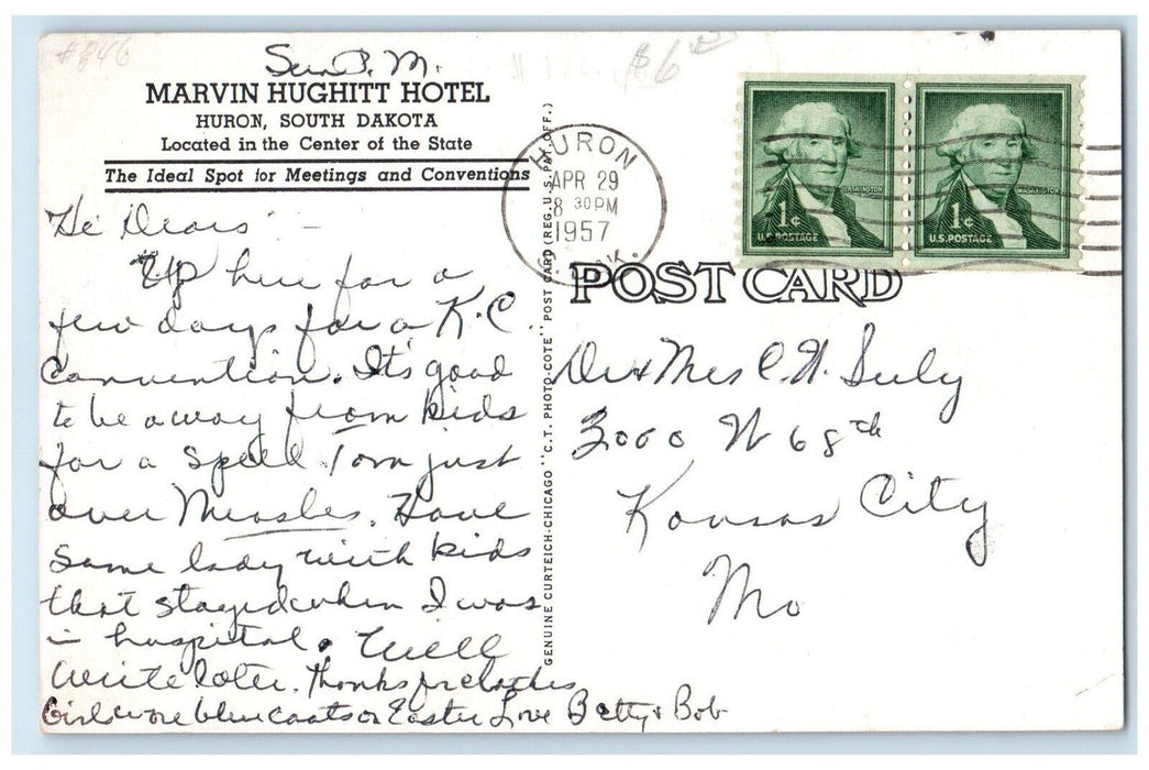 1957 Marvin Hughitt Hotel Classic Cars Exterior Huron South Dakota SD Postcard