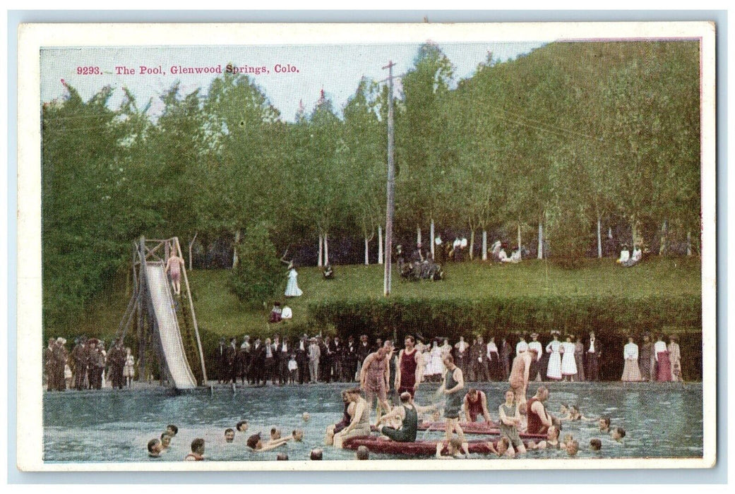 c1920 Pool Bathing Beach Swimming Slide Crowd Glenwood Springs Colorado Postcard