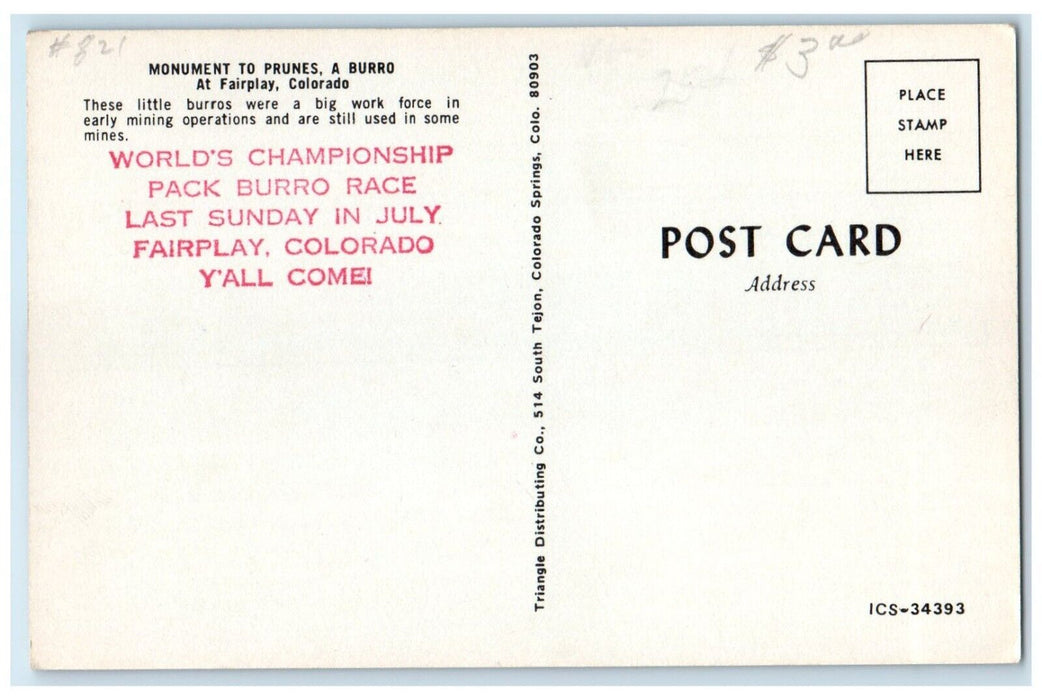 c1960 Monument To Prunes Burro Championship Race Fairplay Colorado CO Postcard