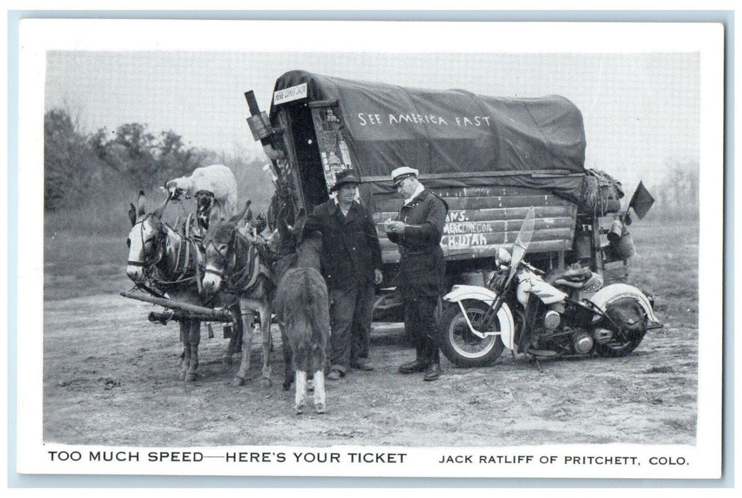 c1940 Too Much Speed Here's Your Ticket Jack Ratliff Pritchett Colorado Postcard