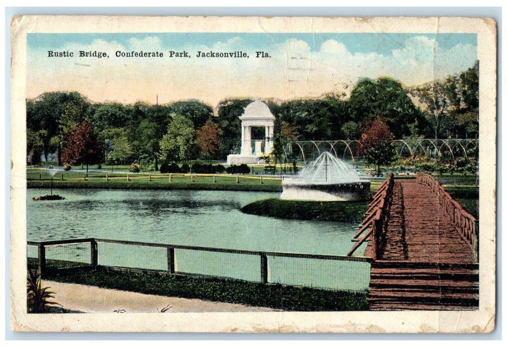 1918 Rustic Bridge Confederate Park Fountain Lake Jacksonville Florida Postcard