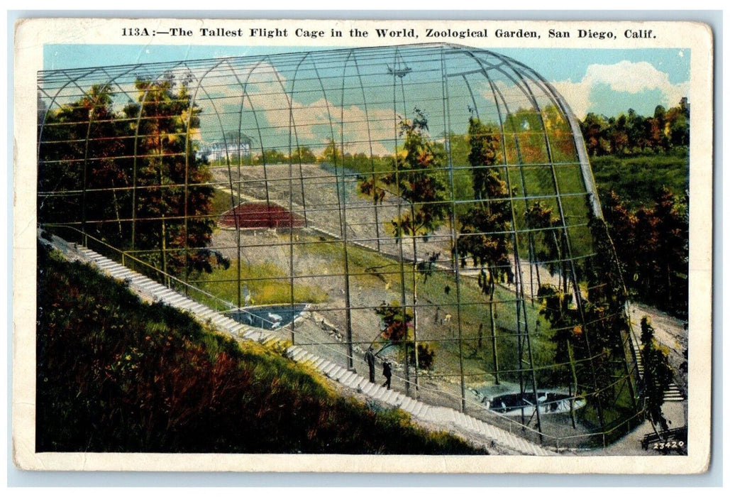 c1920 Tallest Flight Cage World Zoological Garden San Diego California Postcard