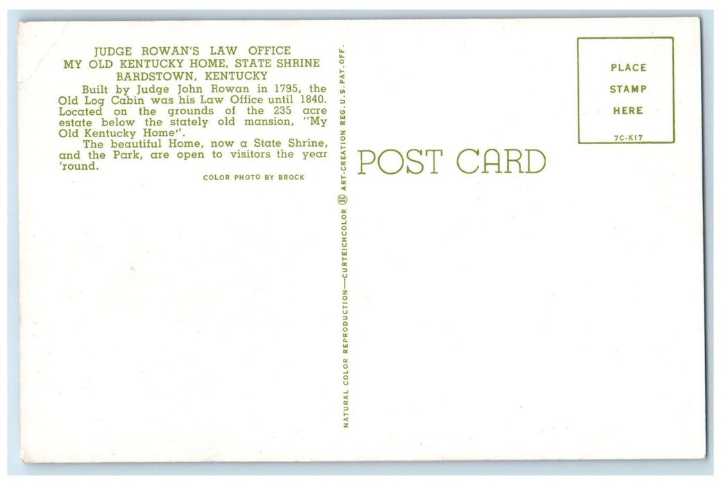 c1960 Judge Rowan's Law Office Kentucky Home State Bardstown Kentucky Postcard