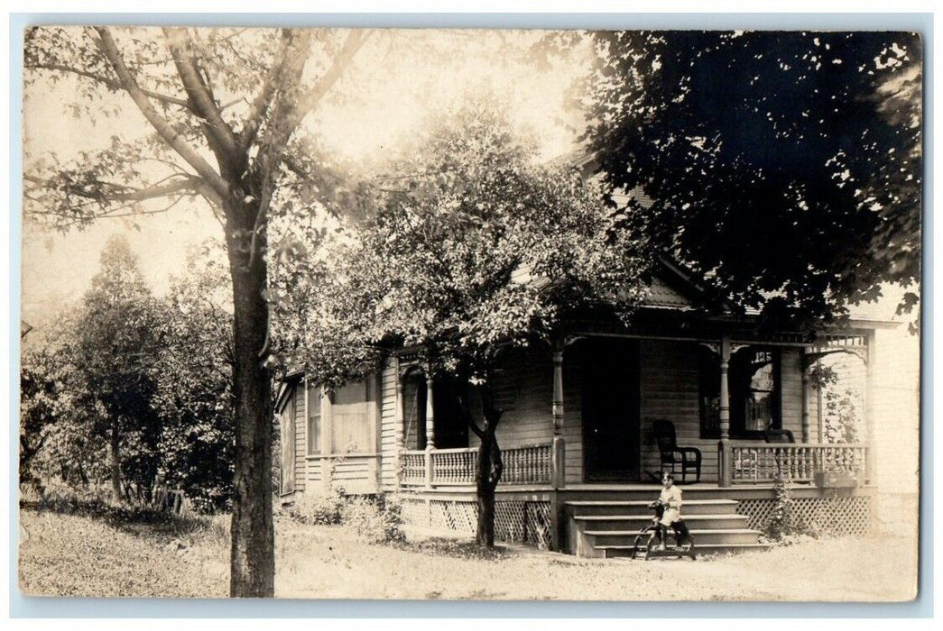 1914 Home Residence Child Hobby Horse Auburn New York NY RPPC Photo Postcard