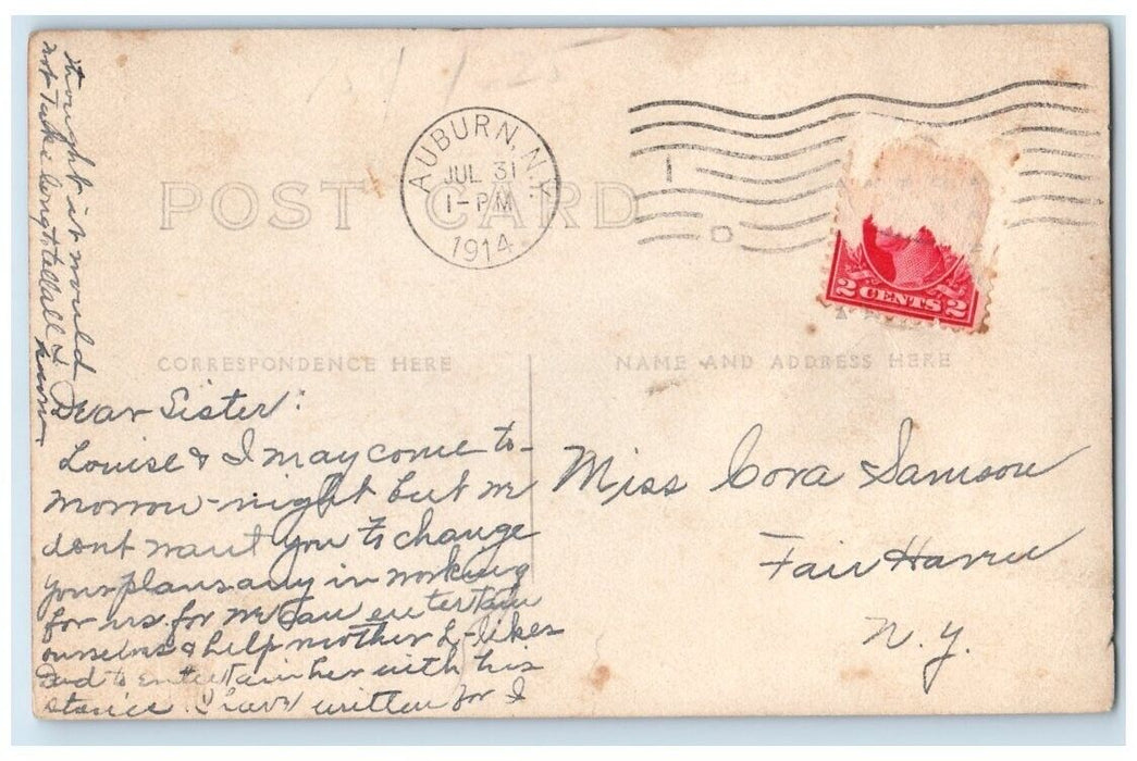 1914 Home Residence Child Hobby Horse Auburn New York NY RPPC Photo Postcard