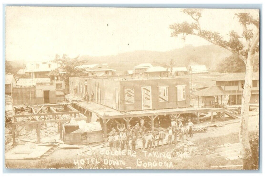 c1910's US Army Soldiers Taking Down Hotel Gorgona Panama RPPC Photo Postcard