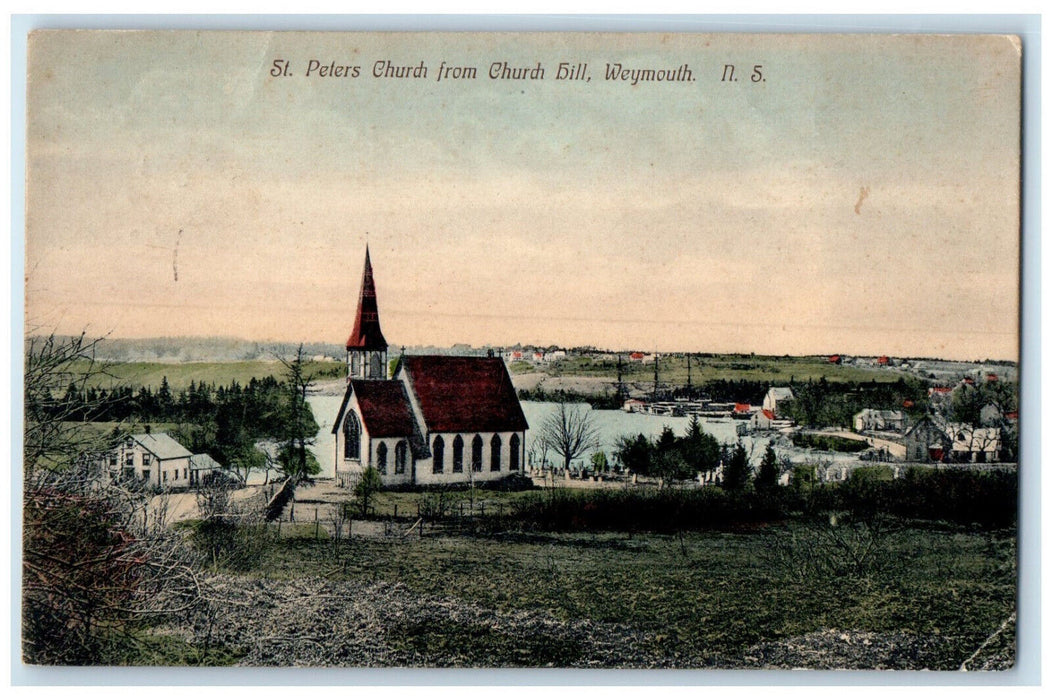 c1910 St. Peters Church from Church Hill Weymouth Nova Scotia Canada Postcard