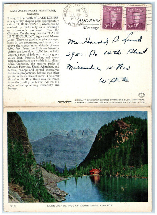 1952 Chateau Lake Louise Lake Agnes Rocky Mountains Canada Fold Out Postcard