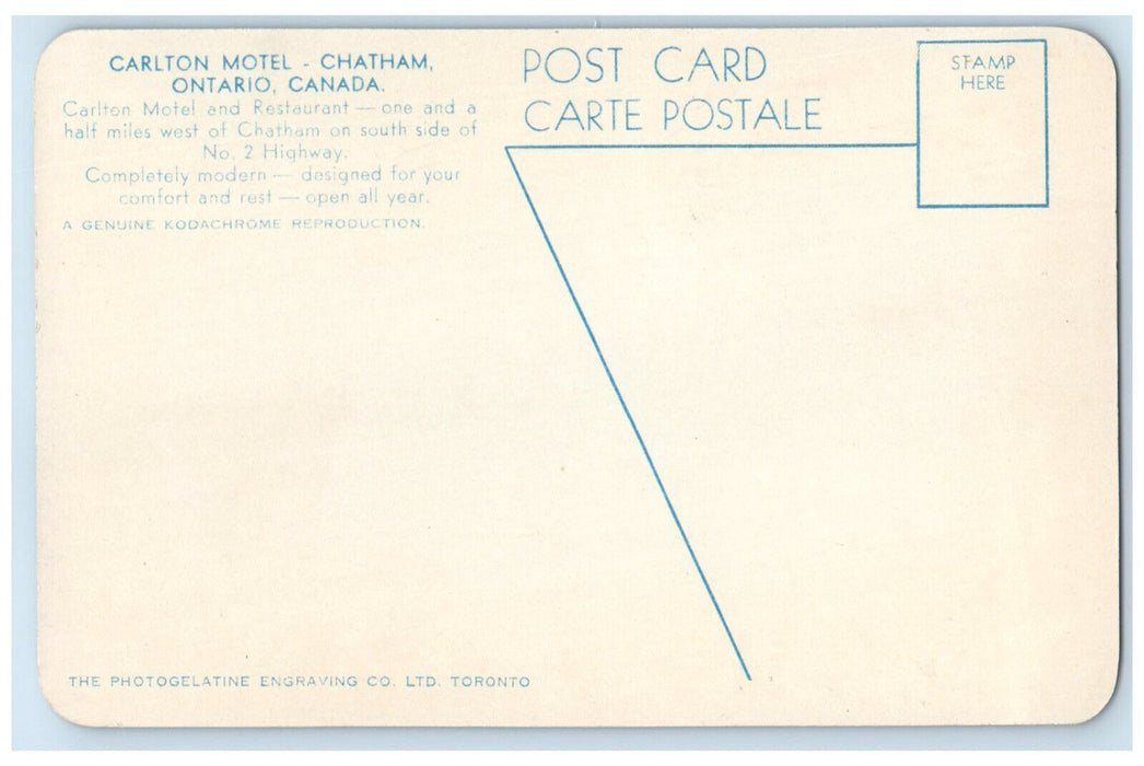c1950's Carlton Motel Bar-B-Que Food Chatham Ontario Canada Unposted Postcard