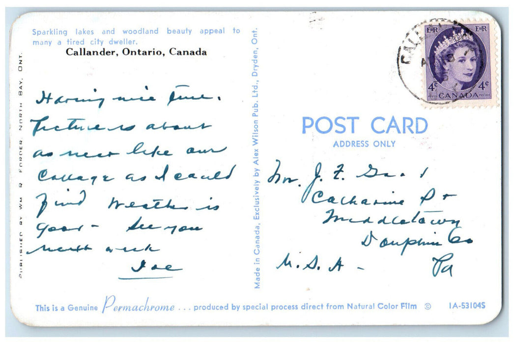 c1950's Sparkling Lakes and Woodland Beauty Callander Ontario Canada Postcard