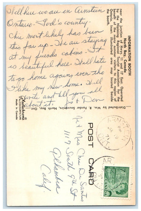 1971 Nipissing Regional Tourist Association Info Booth North Bay Canada Postcard