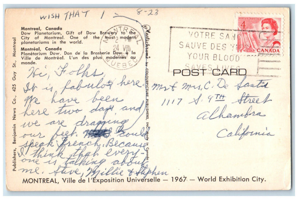 1967 Dow Planetarium Gift of Dow Brewery Montreal Canada Exhibition Postcard