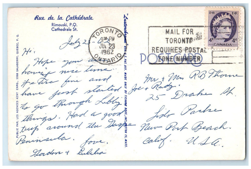 1962 Rue De La Cathedrale Rimouski Quebec Canada Vintage Posted Postcard
