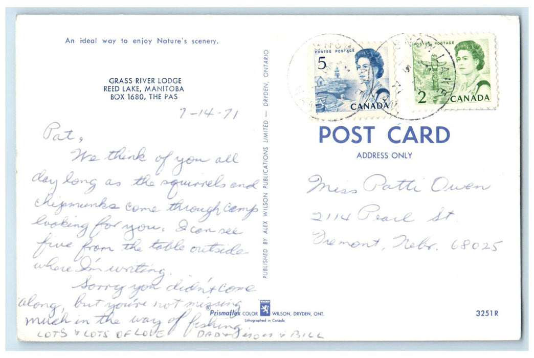 1971 Nature's Scenery Grass River Lodge Reed Lake Manitoba Canada Postcard