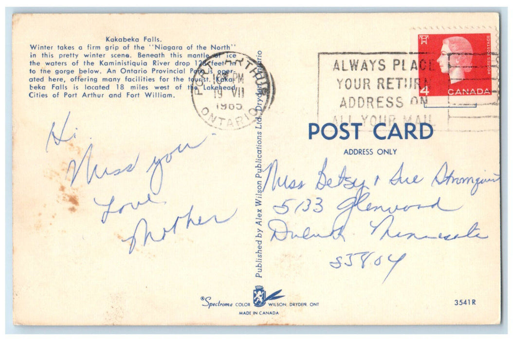 1965 Two People Walking at Kakabeka Falls in Winter Ontario Canada Postcard