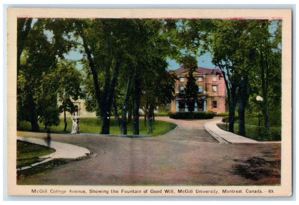 c1940's McGill College Avenue Fountain of Good Will Montreal Canada Postcard