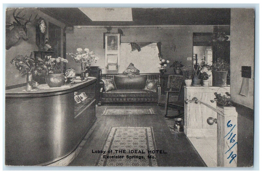 1919 Lobby Of The Ideal Hotel Excelsior Springs Missouri MO Antique Postcard