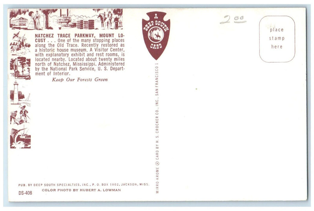 c1960 Natchez Trace Parkway Mount Locust Natchez Mississippi MS Antique Postcard