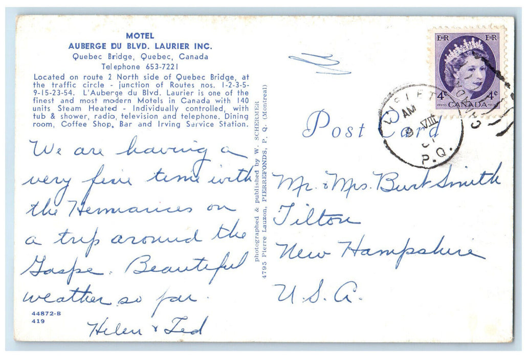 c1960's Motel Auberge Du Boulevard Laurer Inc Quebec Canada Postcard