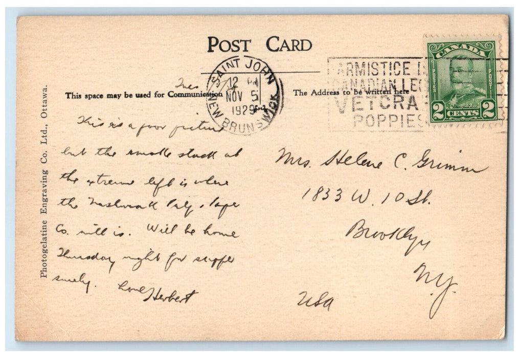 1929 Above The Falls (Slack Water) Saint John New Brunswick Canada Postcard