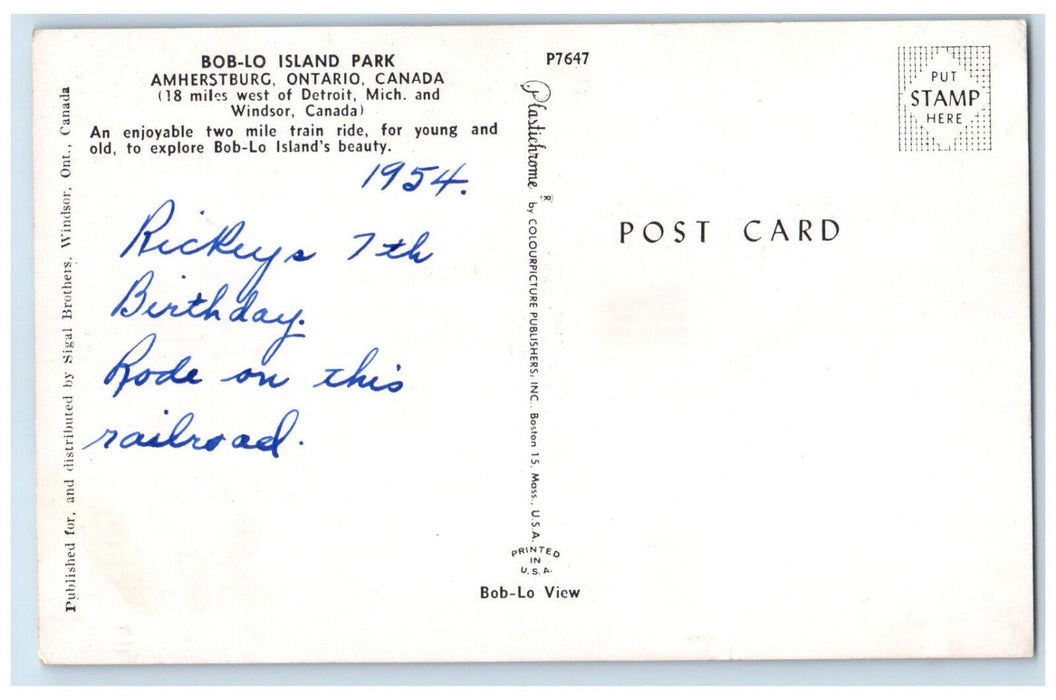 1954 Train Ride Bob-Lo Island Park Amherstburg Ontario Canada Vintage Postcard
