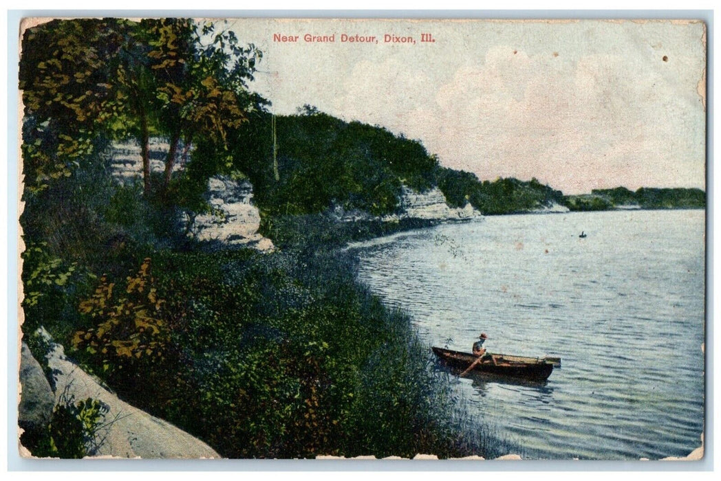 1908 Aerial View Canoeing Boat Grand Detour Dixon Illinois IL Antique Postcard