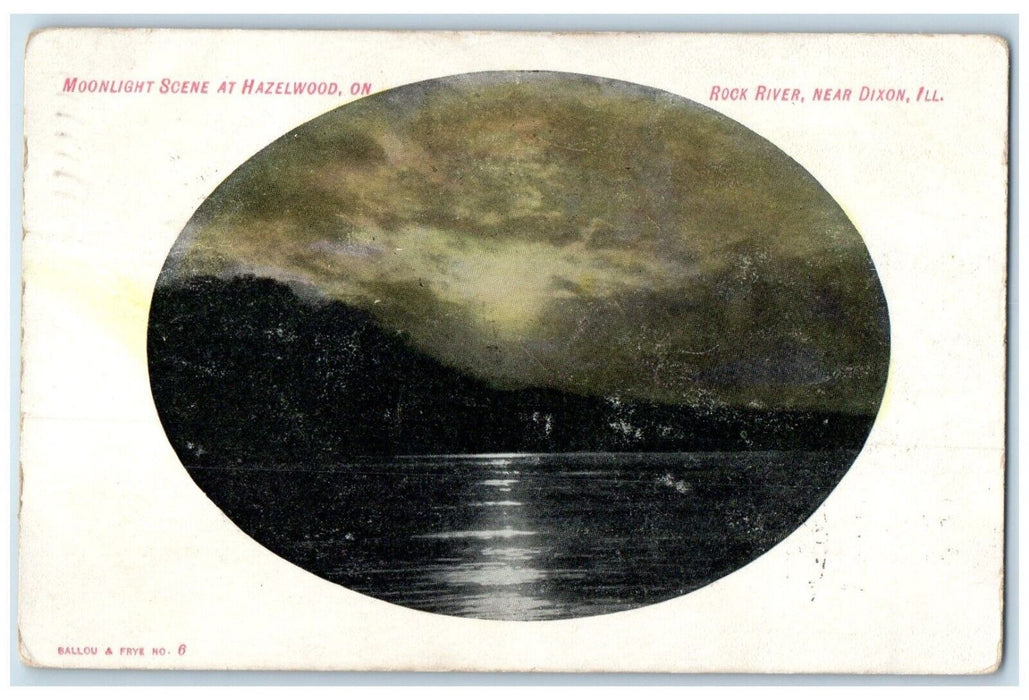 1908 Moonlight Scene Hazelwood Rock River Moon Dixon Illinois IL Posted Postcard