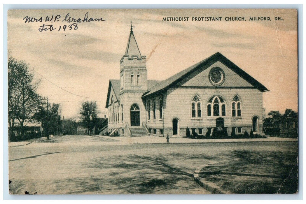 1938 Methodist Protestant Church Street Scene Milford Delaware DE Postcard