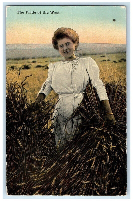 1913 The Pride Of The West Mc Coy Oregon O, Woman Harvested Wheat Postcard