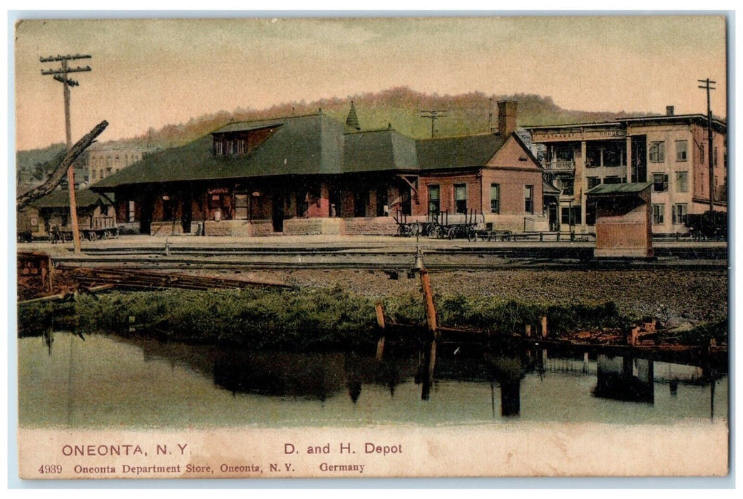 c1905 D And H Depot Train Station Wagon Oneonta New York NY RPO Postcard