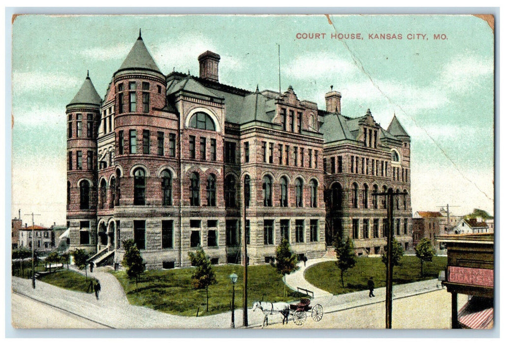 1909 Court House Kansas City Missouri MO Horse Carriage Antique Posted Postcard