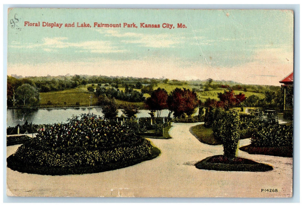 1916 Floral Display and Lake Fairmount Park Kansas City Missouri MO Postcard