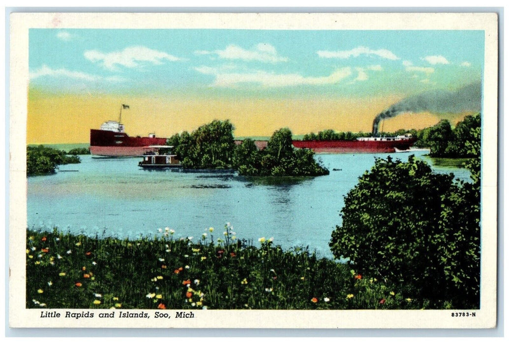 c1940 Little Rapids Islands Steamer River Lake Exterior Soo Michigan MI Postcard