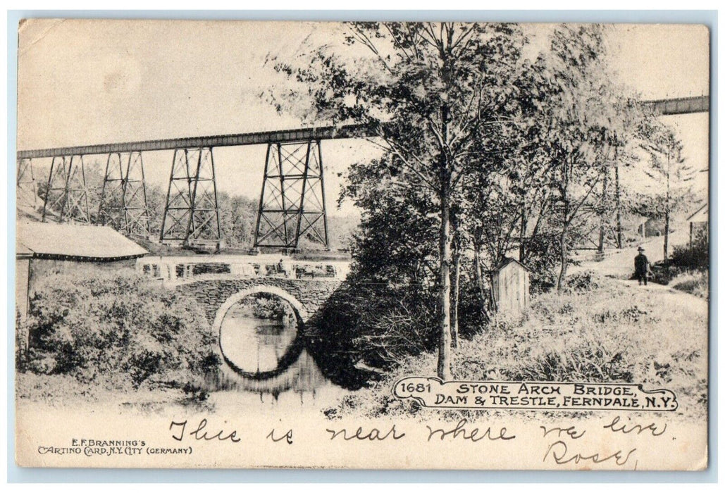 c1905 Stone Arch Bridge Dam & Trestle Ferndale New York NY Antique Postcard