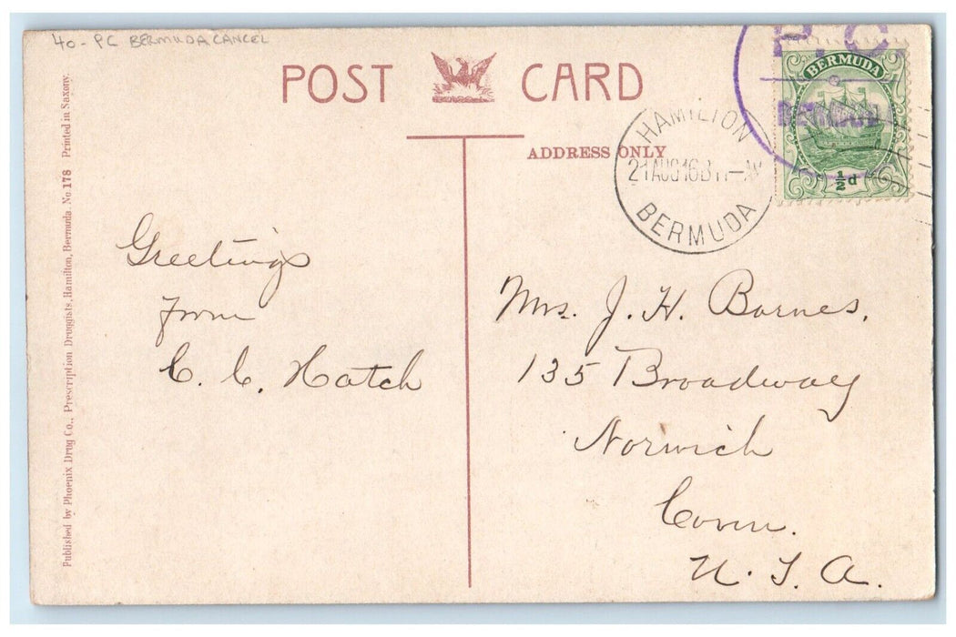 c1910's Entrance To Public Gardens Bermuda PC Cancel Unposted Antique Postcard