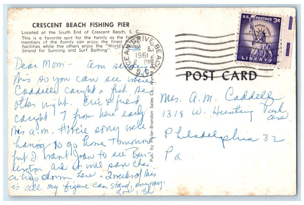 1961 Crescent Beach Fishing Pier South Crescent Beach South Carolina SC Postcard