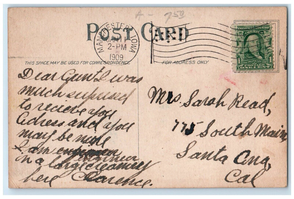 1909 Main Street Bridge Canoe Boat River Lake Manchester Iowa Vintage Postcard