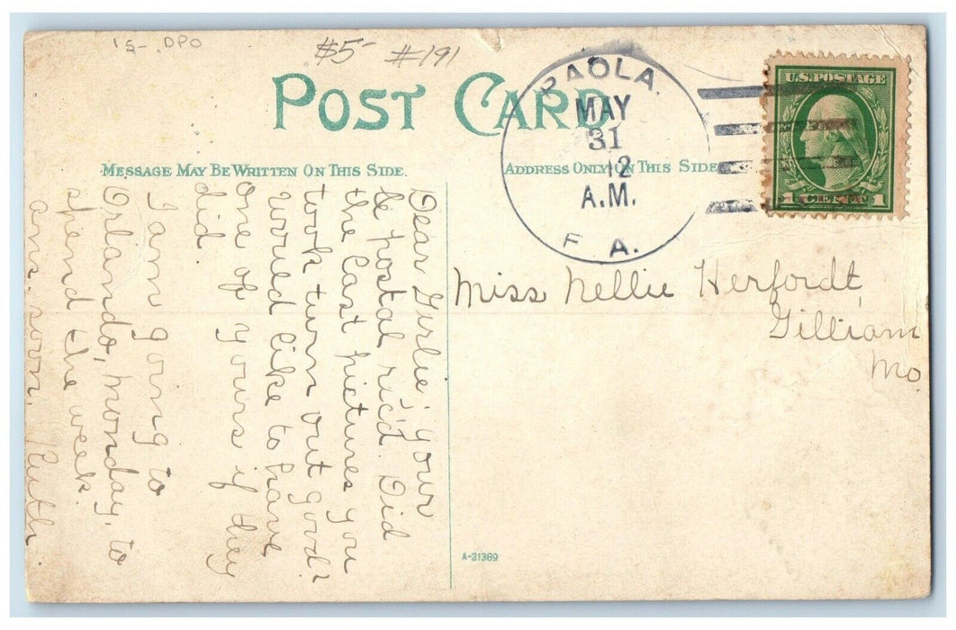 1912 Paola Florida FL DPO to Gilliam Missouri MO Duane Cancel Postcard