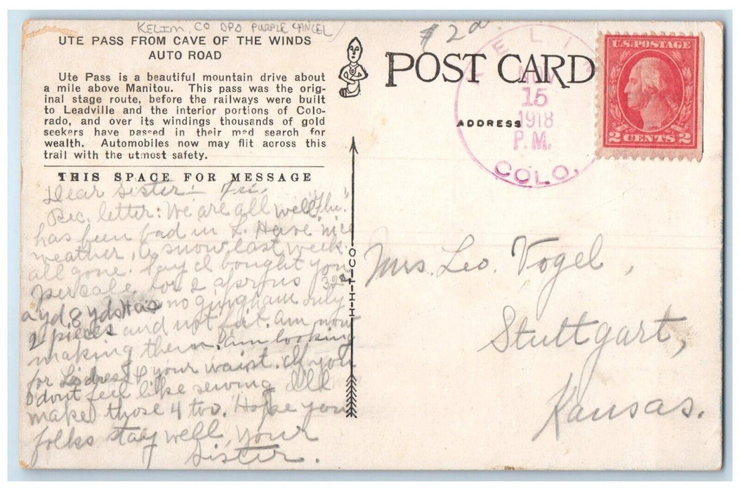 1918 UTE Pass Kelim Colorado To Stuttgart DPO Purple Cancel 2 Cent Postcard