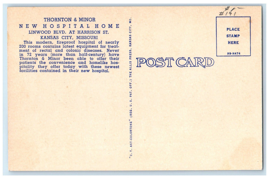 c1930's New Home of the Thornton & Minor Hospital Kansas City MO Postcard