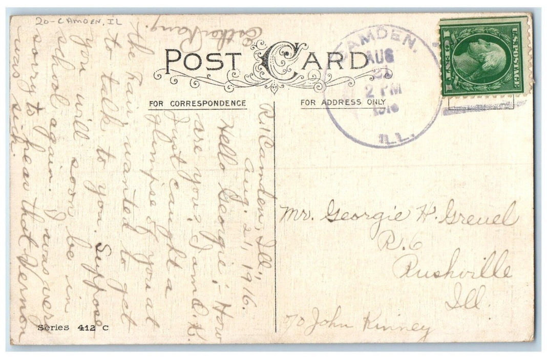 1910 Best Wishes Flowers Camden Illinois To Rushville Duane Cancel Postcard