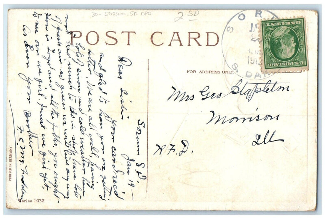 1912 To Greet You Sorum South Dakota SD Morrison Illinois IL 1 Cent Postcard