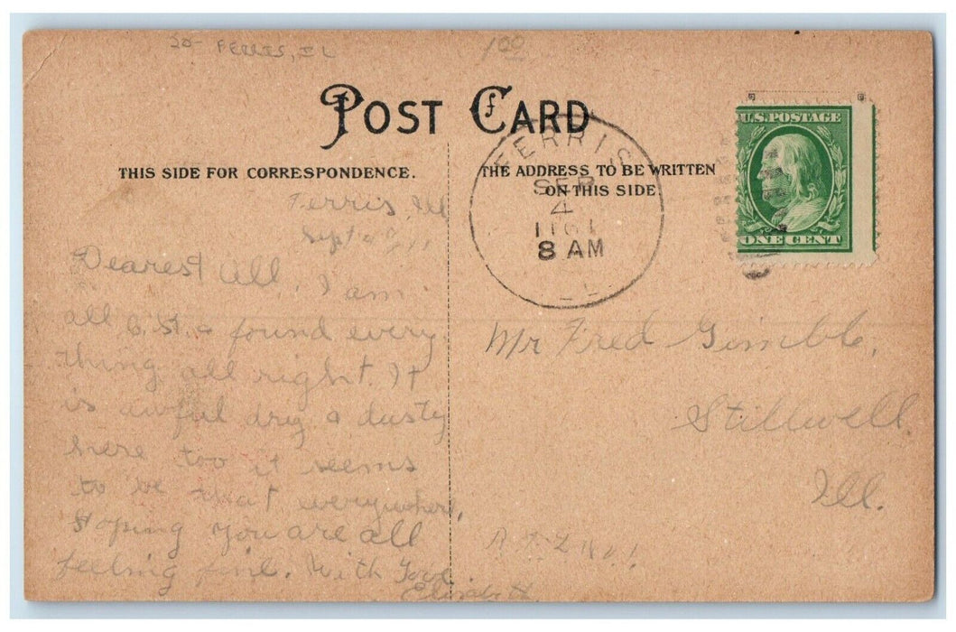 c1910's Flowers Ferris Illinois To Stillwell Duplex Cancel 1 Cent Postcard
