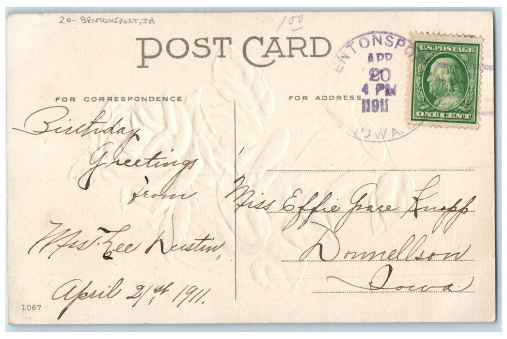 1911 Roses Flowers Conwell Bentonsport Iowa To Donnellson Duane Cancel Postcard